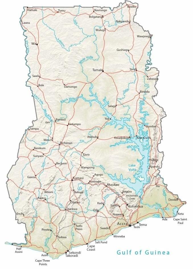 Map of Ghana showing Mashruum's aggregation and fulfillment sites, from the Gbung flagship hub in the north to Accra and Tema port on the southern coast.